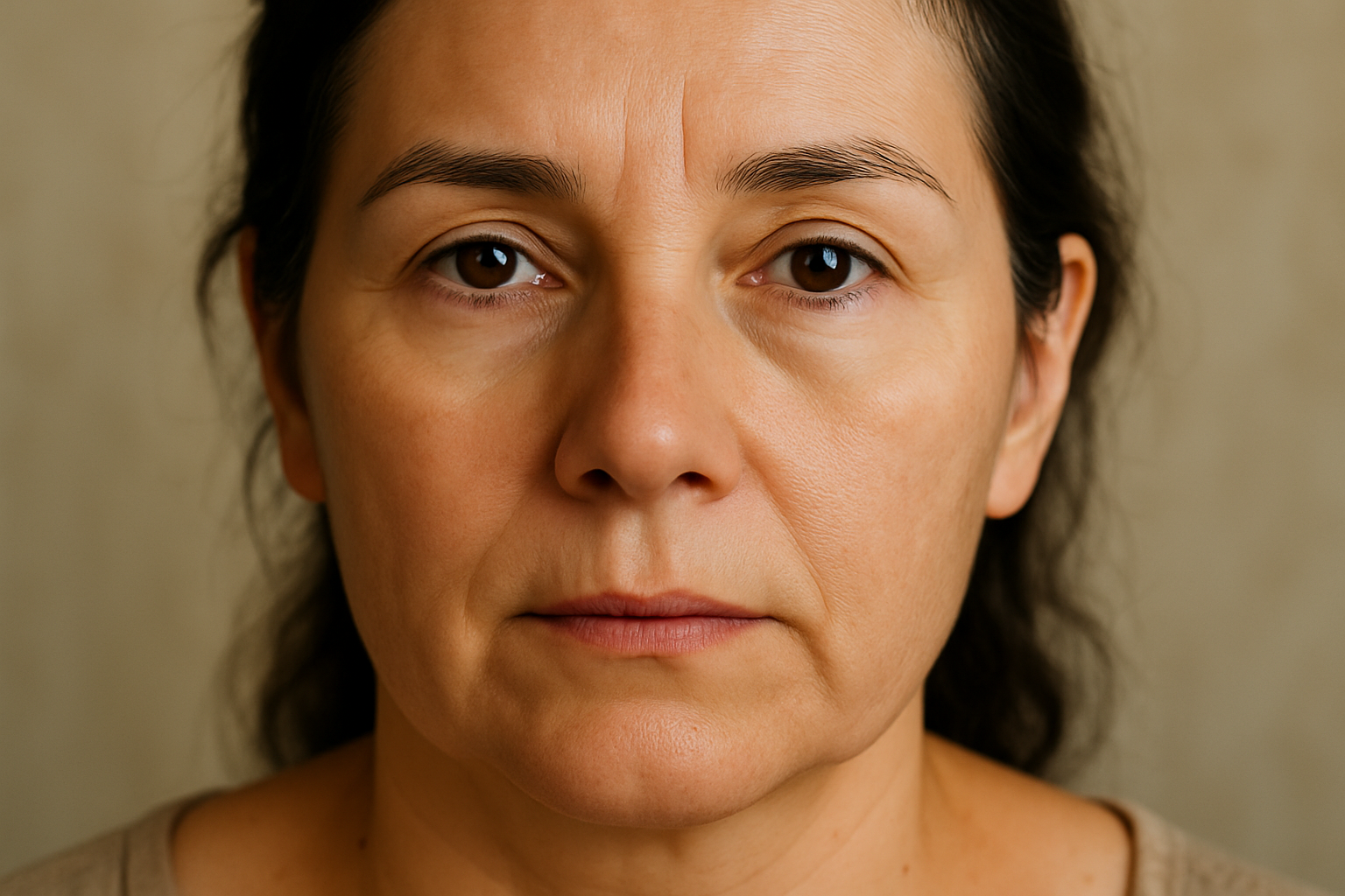 und jetzt brauche ich dieselbe frau mit eine natürlich etwas verbesserte haut, ohne Rötungen und ohne Pigmentierungen und schwarze Flecken. Es soll ein nachher Bild sein. 